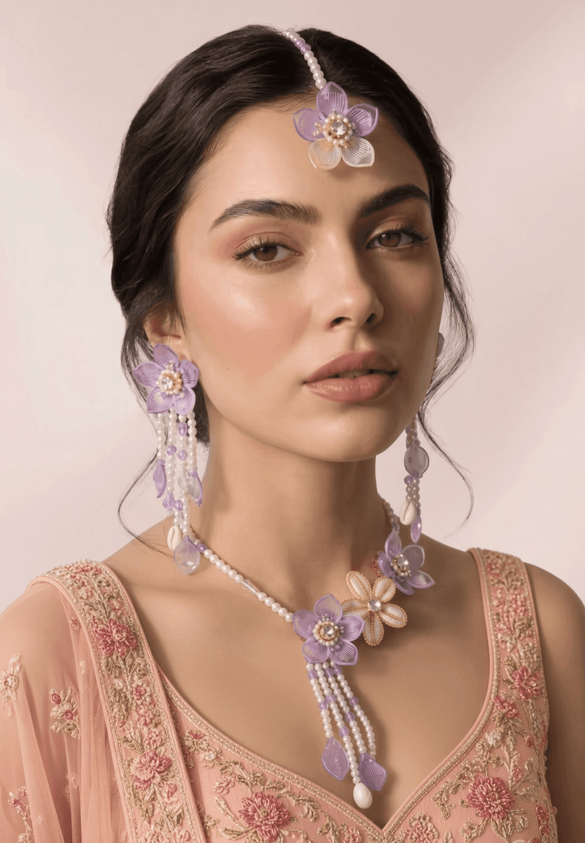 Lavender Bloom - Handmade Floral & Sea Shell Bridal Jewellery Set