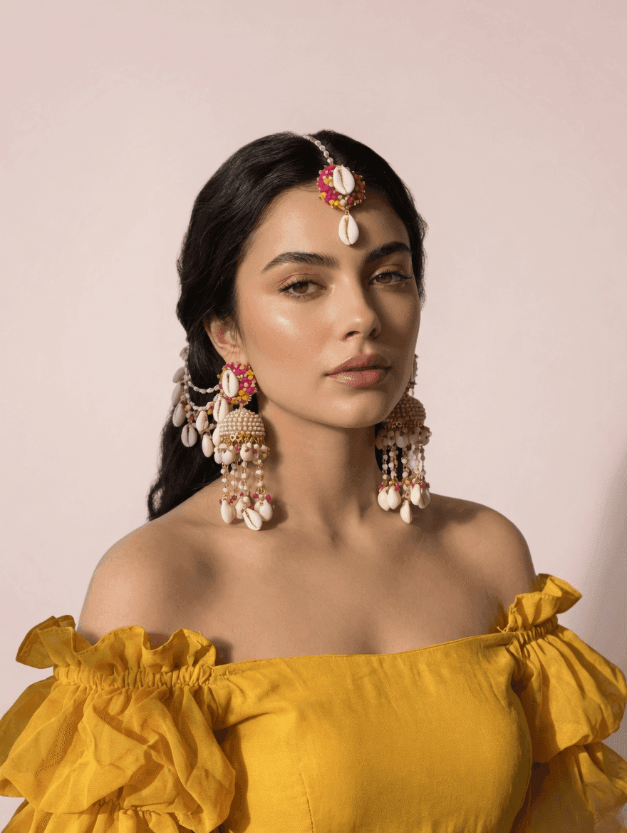 Pink-Yellow Pearl & Sea Shell Earrings with Ear Chains for Haldi