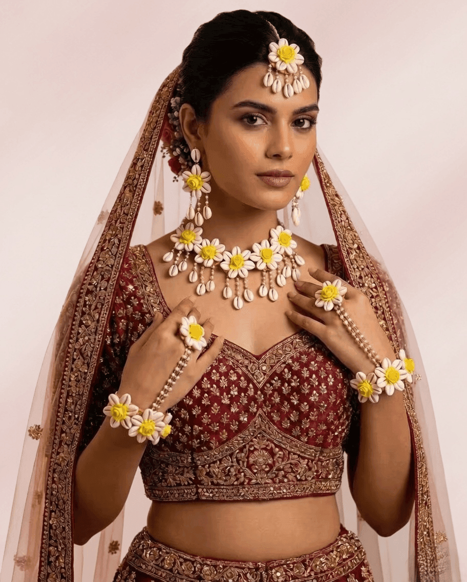Beaded Flower Bliss: Multicolor Haldi Bridal Jewellery Set