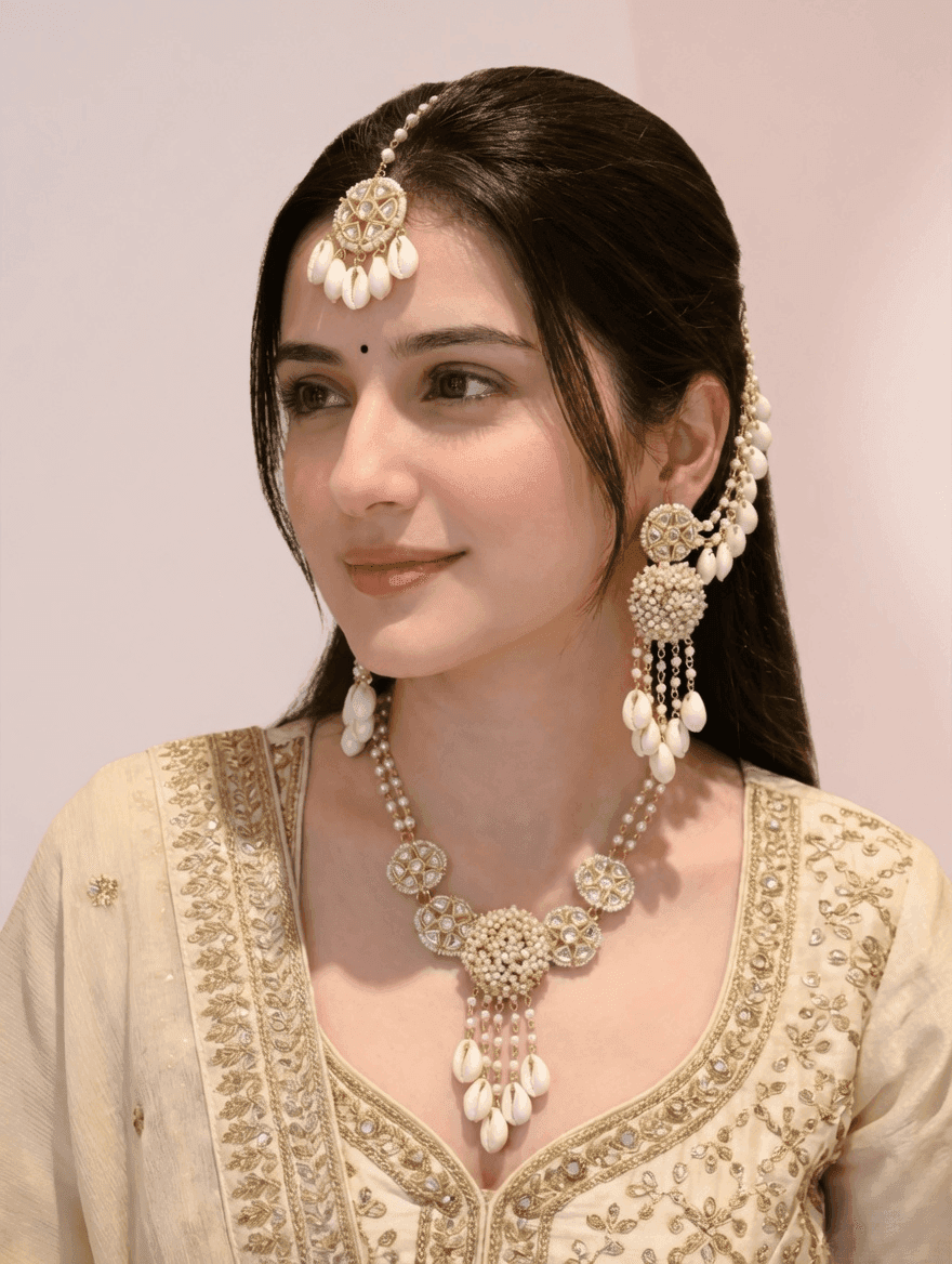 Lavender Bloom: Handmade Gold-Plated Sea Shell and White Pearl Jewellery Set for Haldi Occasion