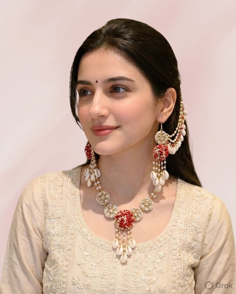 Red & White Cowrie Shell Statement Necklace Set with Earrings