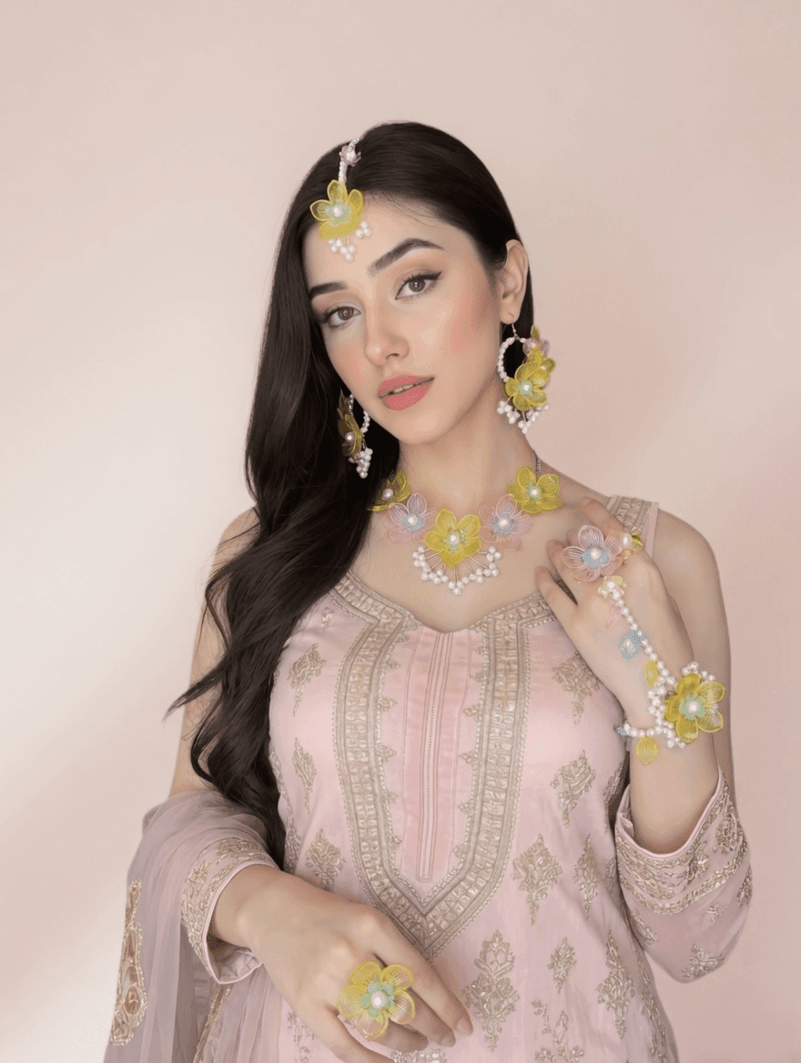 Handmade Carnival of Flowers: Pink-Yellow Floral Resin Jewellery Set For Brides