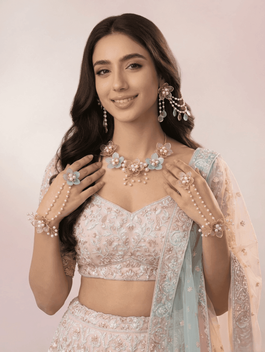Powder Blue-Pink Floral Jewelry for Haldi-Mehndi