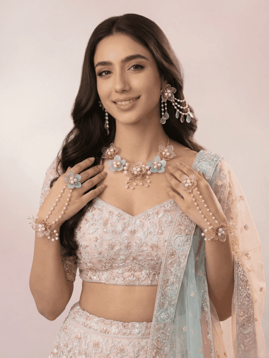 Powder Blue-Pink Floral Jewelry for Haldi-Mehndi