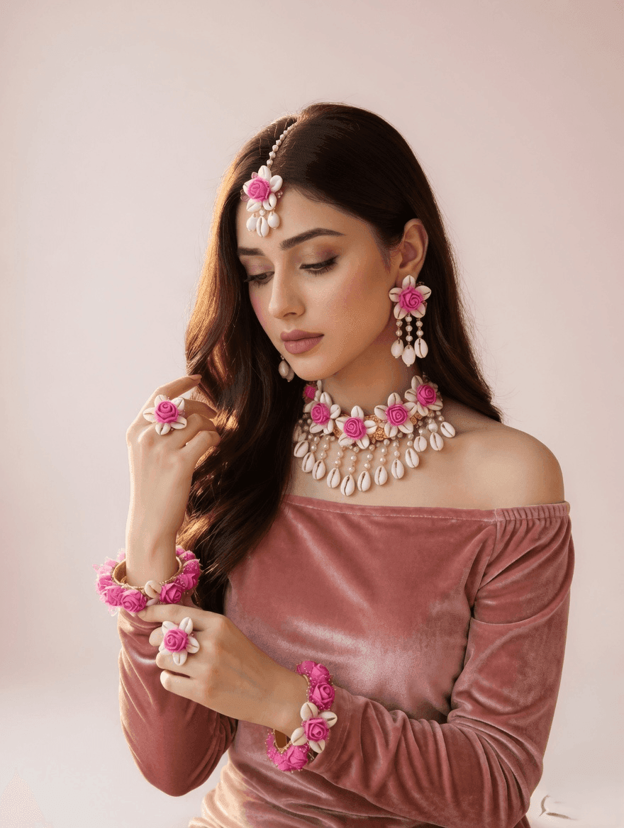 Pink Blossom & Cowrie Shell Haldi Bridal Jewelry Set for Fashionistas