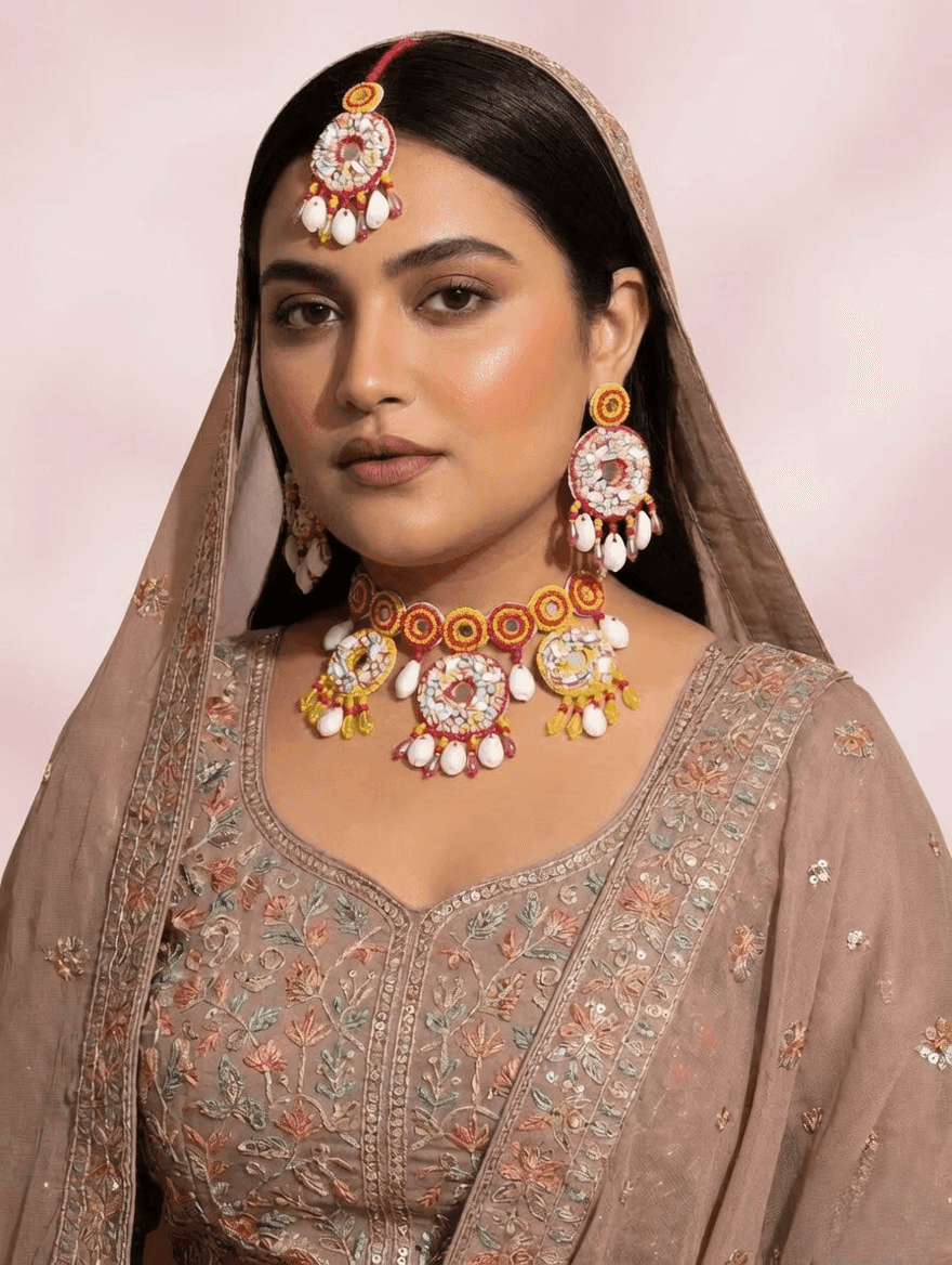 Handcrafted Pink-Yellow Pearl Jewellery Set for Haldi Bridal
