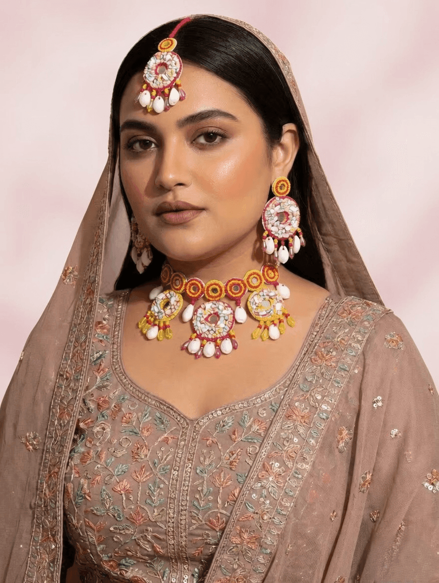 Handcrafted Pink-Yellow Pearl Jewellery Set for Haldi Bridal