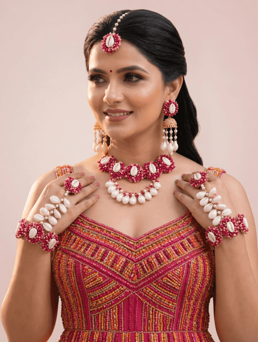 Handmade Hot Pink Pearl & Cowrie Shell Bridal Set, Haldi Mehndi Design