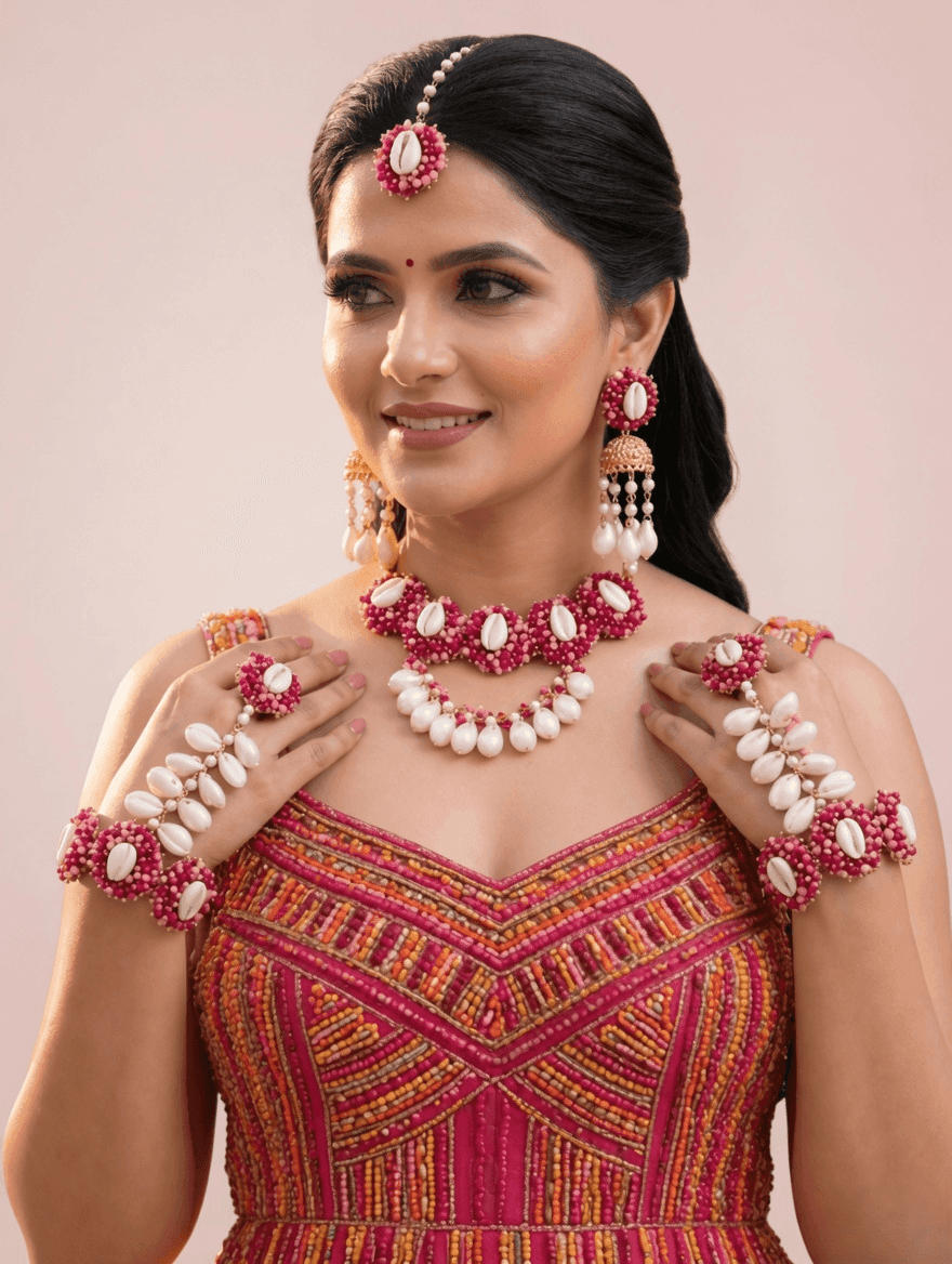 Handmade Hot Pink Pearl & Cowrie Shell Bridal Set, Haldi Mehndi Design