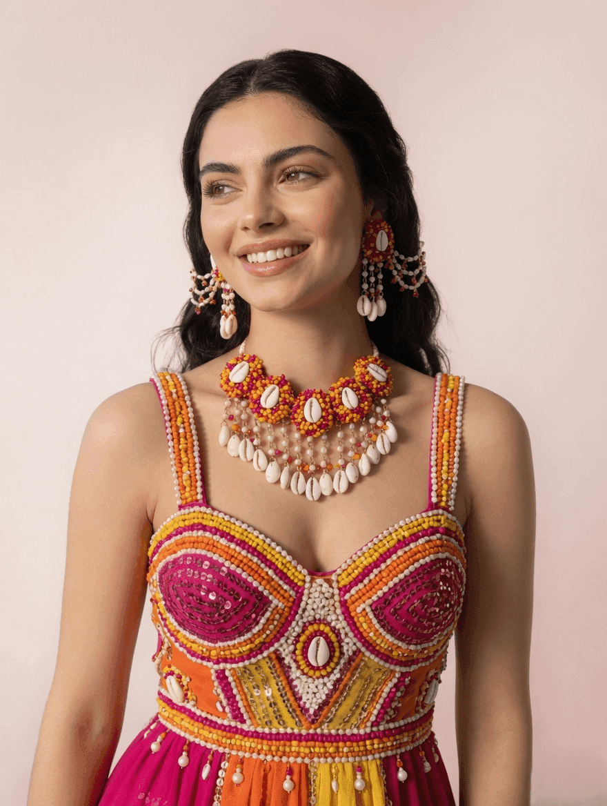 Pink-Orange Pearl Shell - Bridal Wedding Set - Haldi Mehndi Kalira