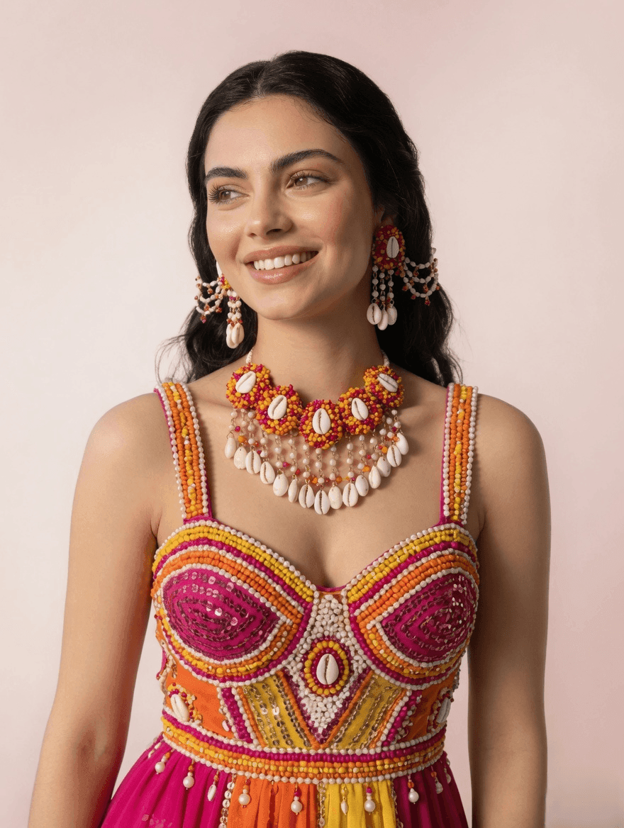 Pink-Orange Pearl Shell - Bridal Wedding Set - Haldi Mehndi Kalira