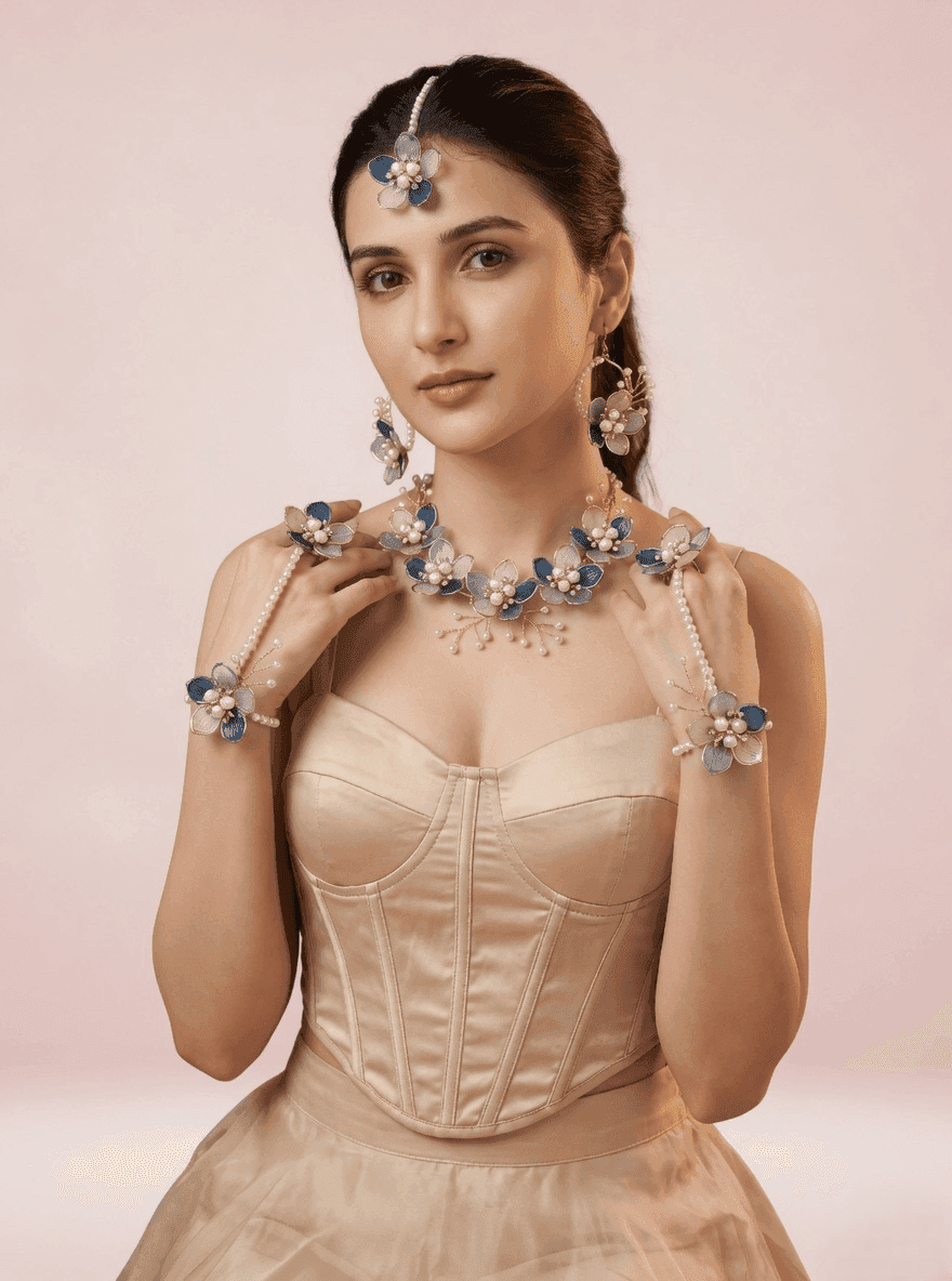 Handmade Resin Carnival Blue Floral Jewellery Set - Perfect For Bridal Haldi & Mehndi Ceremony