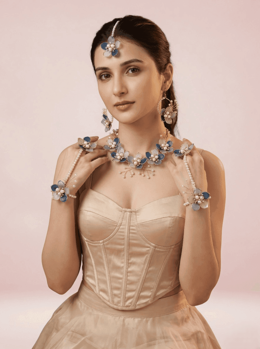 Handmade Resin Carnival Blue Floral Jewellery Set - Perfect For Bridal Haldi & Mehndi Ceremony