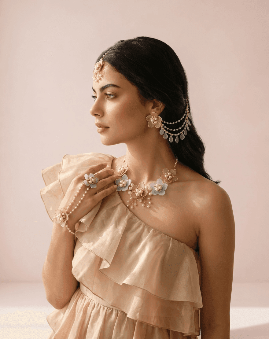 Powder Blue-Pink Floral Jewelry for Haldi-Mehndi
