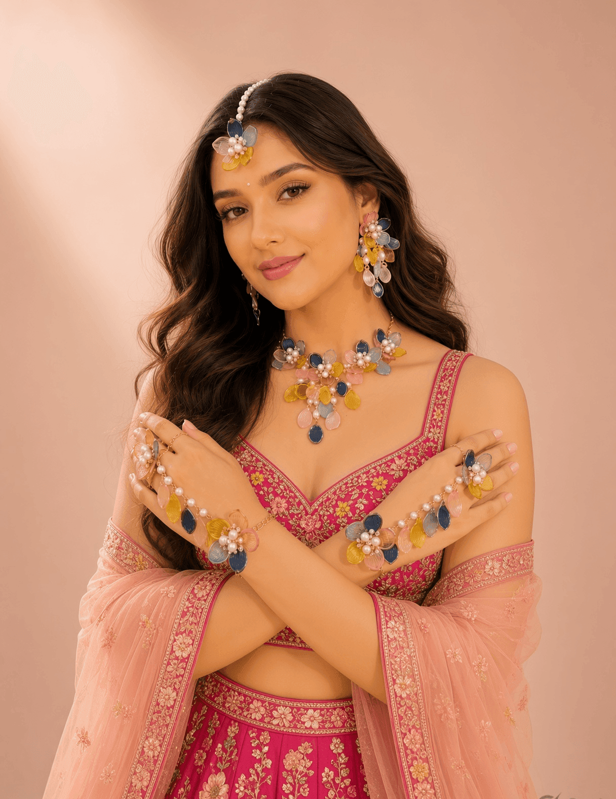 Floral Hues: Blue, Pink & Yellow Resin Carnival Bridal Jewellery Set for Haldi-Mehndi Celebration
