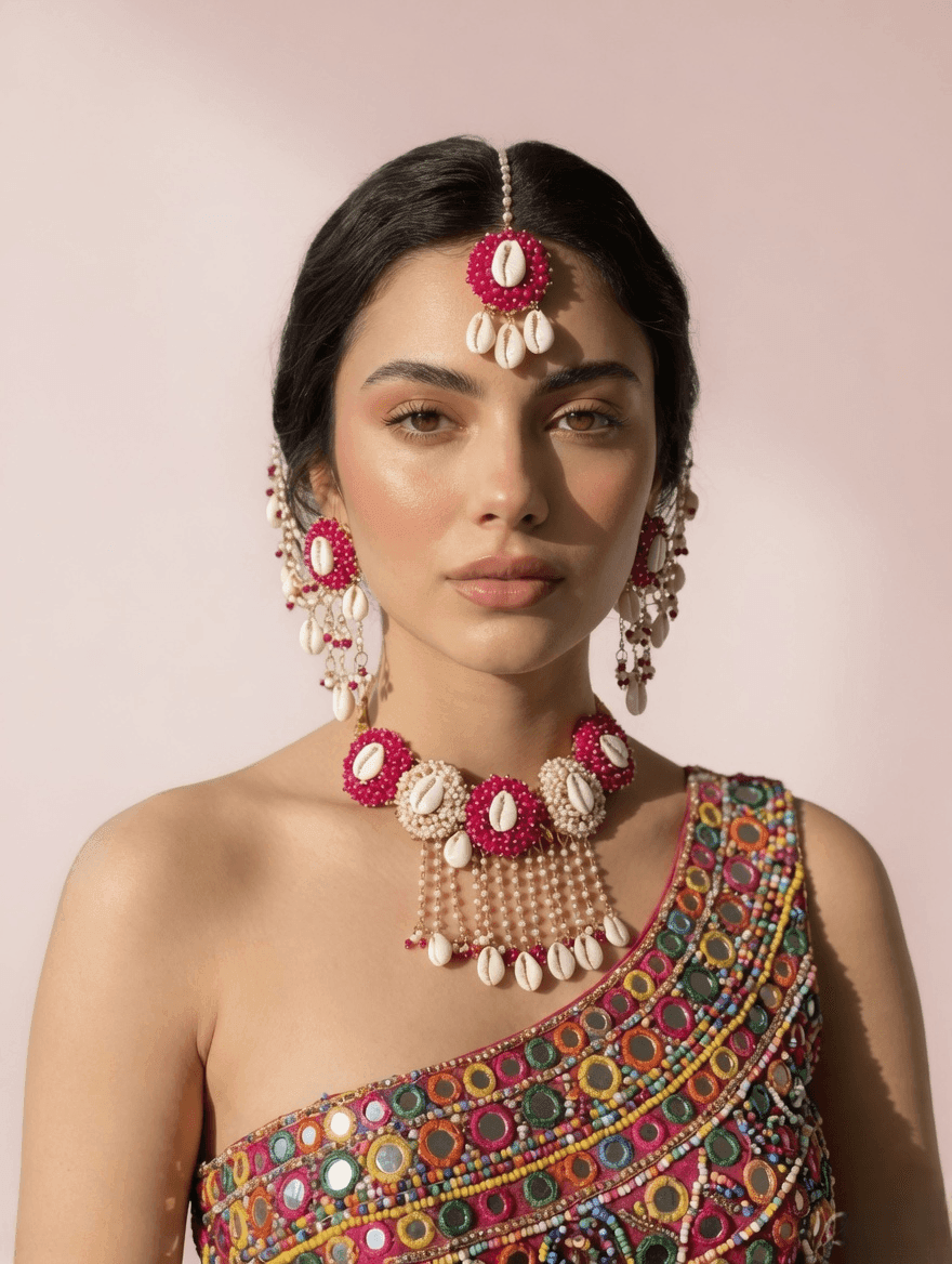 Handmade Pink Sea Shell Jewellery Set for Haldi & Mehndi Brides