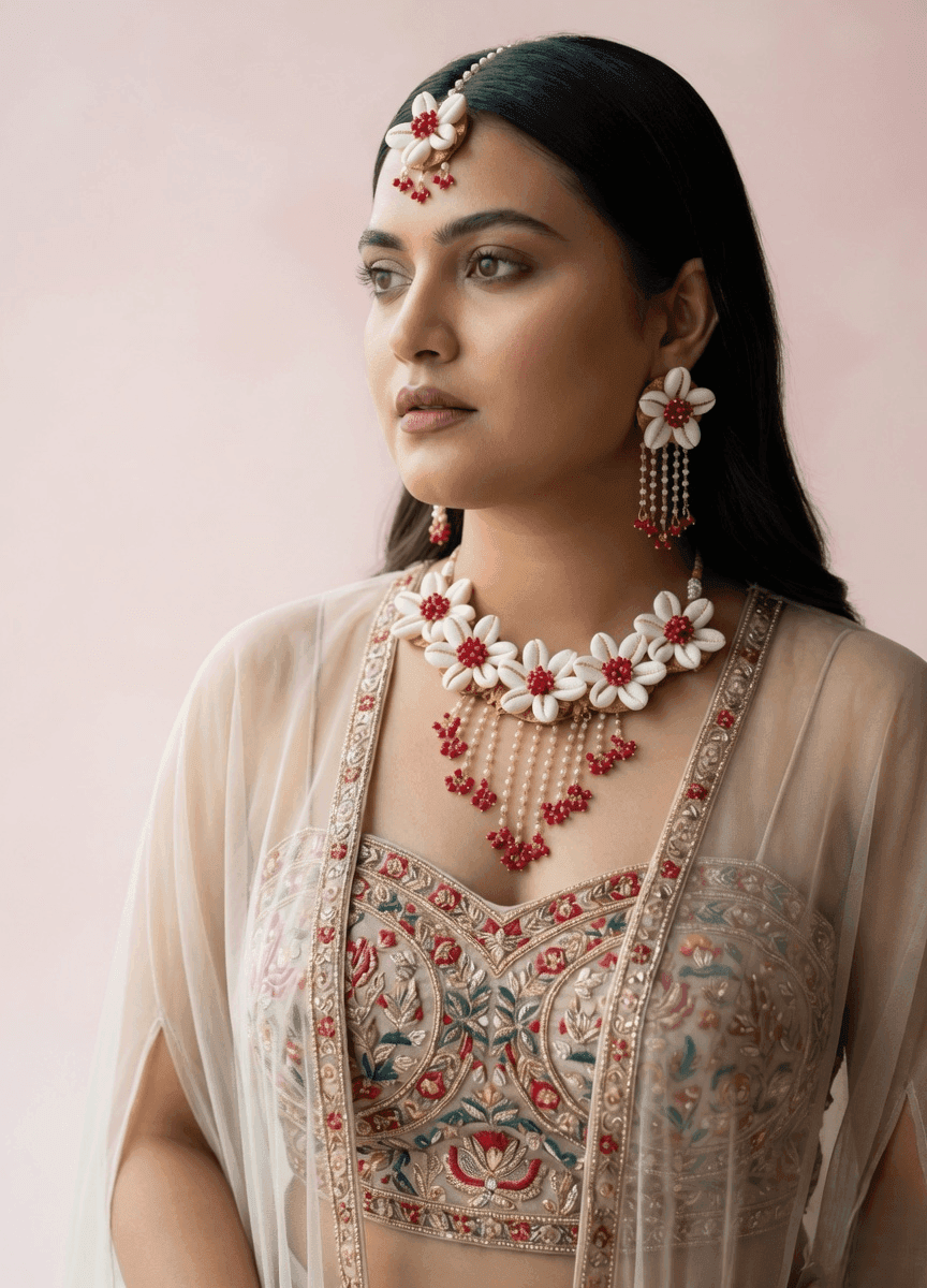 Golden Glitter: Pink Pearl & Cowrie Shell Floral Designer Jewelry Set for Brides