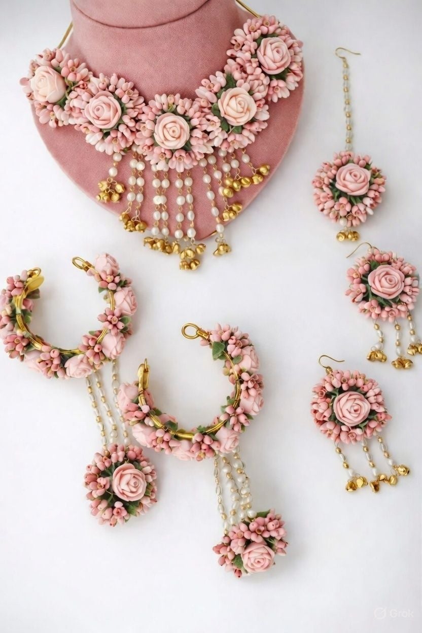 Handmade Pastel Floral Haldi Jewellery Set for Bridal Wear