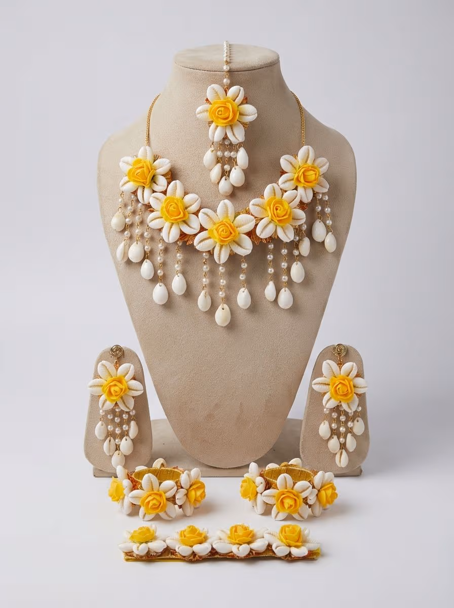 Yellow Floral Cowrie Sea shell Jewellery Set