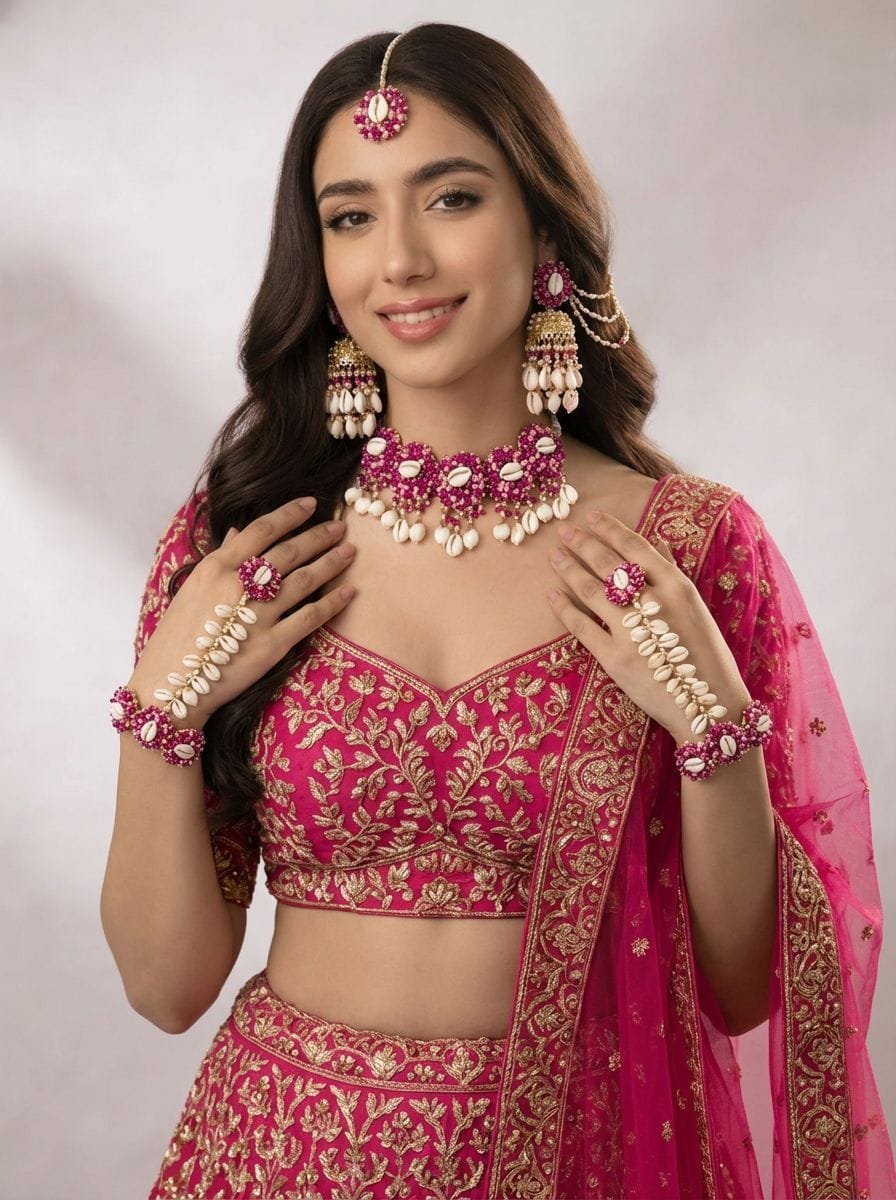Pink Pearl Haldi Bridal Set: Gold-Plated Florals & Kaliras