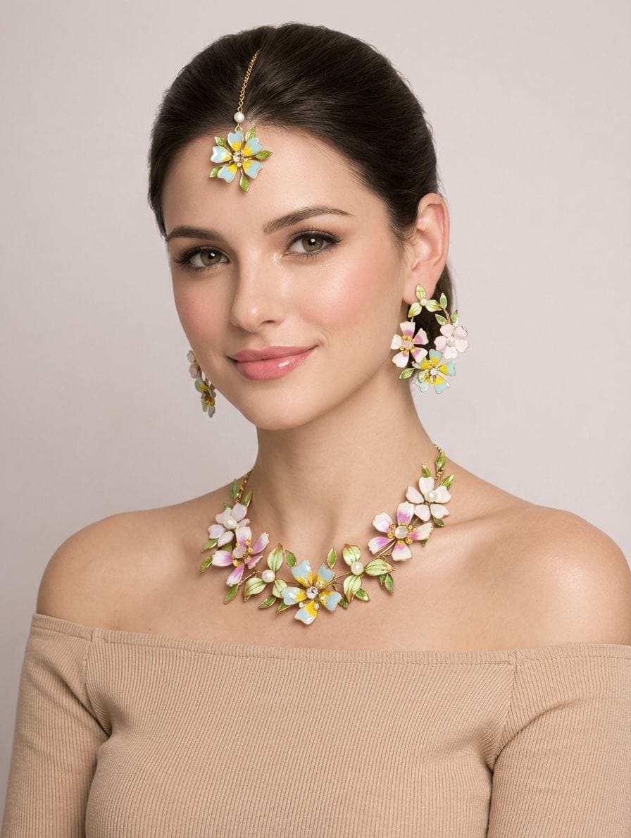 Pastel Floral Resin Jewellery Set with Maang Tikka for Haldi & Mehndi