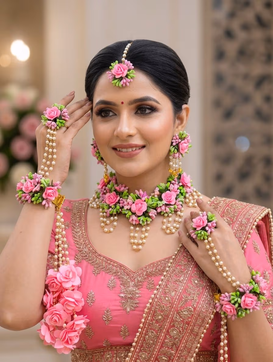 Pink-Green Multicolor Flower Bridal Jewellery Set with Kaliras for Haldi and Mehandi