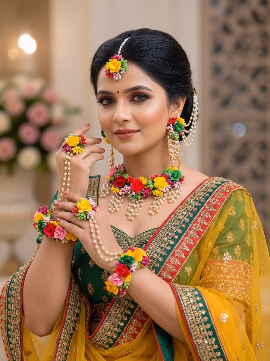 Elegant Multicolored Bridal Floral Haldi-Mehndi Jewellery Set